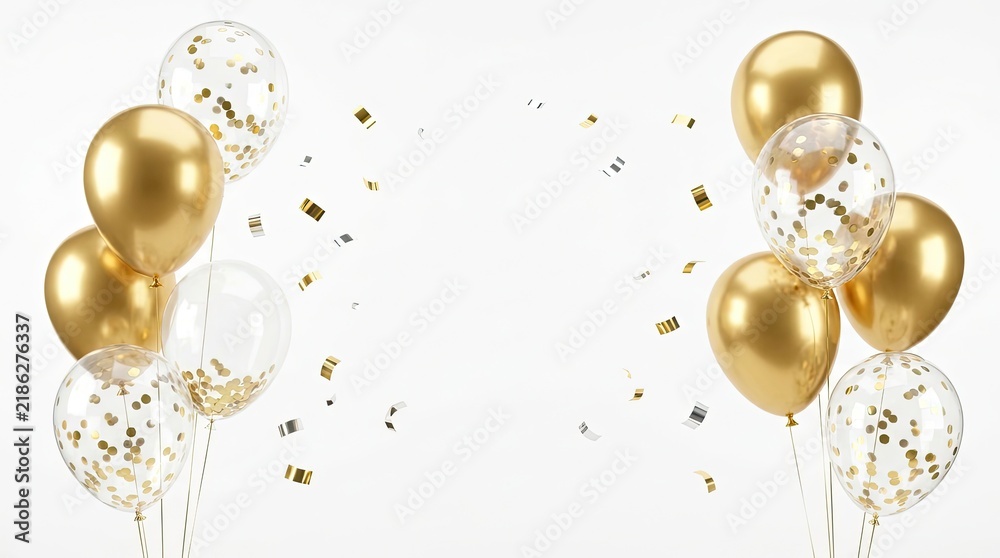 Naklejka premium Shiny gold balloons and confetti for a festive celebration Vector, illustration