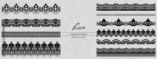 Black lace strip border and scallop trim stroke for antique table runner. Chantilly edge pattern with seamless decorative wavy cutwork. Ornate mat with floral gothic motif for print coquette banner.