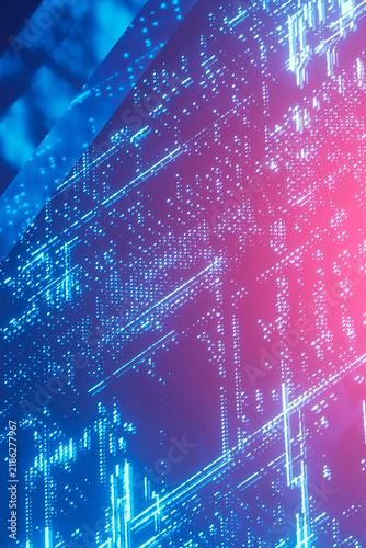 Abstract 3D futuristic technology background with glowing cyber circuit data patterns and crystalline glass blocks