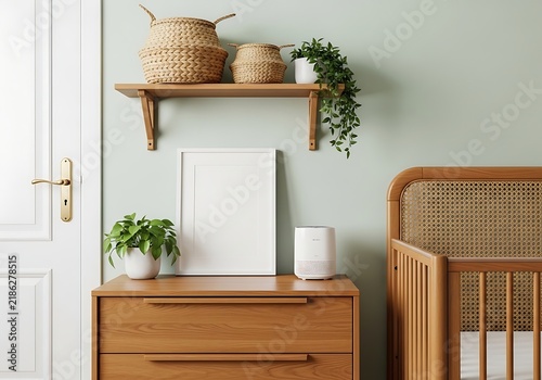 Modern wooden dresser with a baby crib and wall shelf in a cozy nursery room interior