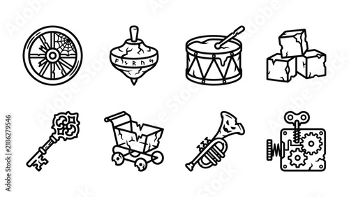 фотографія Set of Vintage Toys: A collection of stylized, antique toys including a spinning top, drum, blocks, and a wind-up mechanism, rendered in a charming line art style