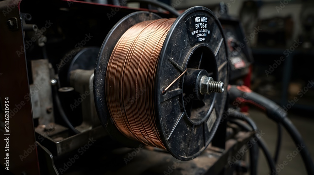 Fototapeta premium Copper welding wire spool mounted on machine in industrial workshop, black plastic reel with bronze wire coil, manufacturing tools, metal fabrication equipment, and professional factory product photo