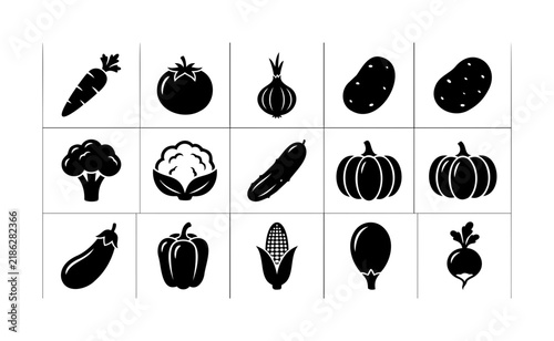 Fresh vegetable icon collection featuring carrots, tomatoes, onions, potatoes and cabbage