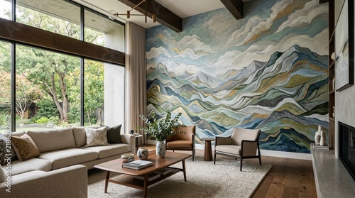 Modern Living Room with Scenic Mountain Mural and Large Windows