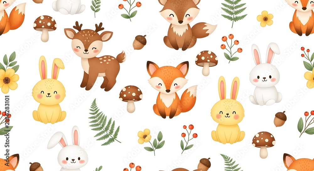 Obraz premium Seamless woodland animal pattern displaying charming baby deer, playful foxes, and sweet rabbits among foliage.