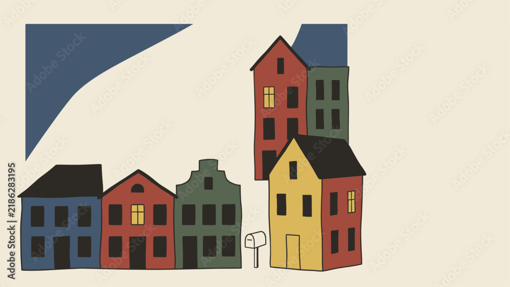 Naklejka premium Hand drawn cozy christmas village with colorful houses