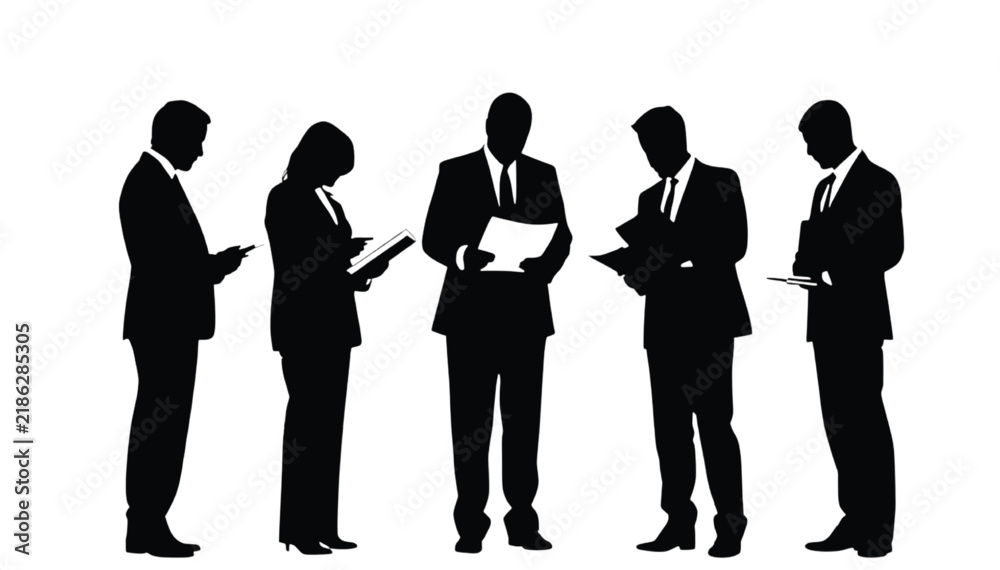 Obraz premium Corporate business executives in silhouette stand in a horizontal row while reading printed paper documents and reviewing reports during a briefing against a plain white background.