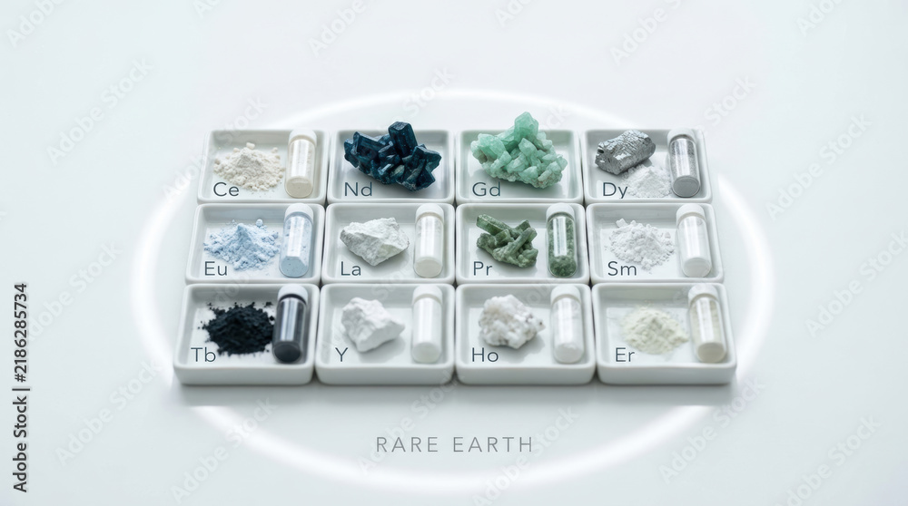 Fototapeta premium Rare earth element sample set displays mineral specimens for supply, study and collection in clean educational arrangement