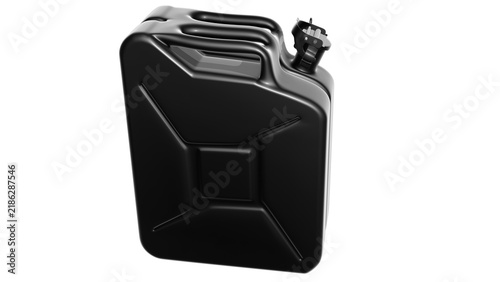 A glossy gray metal canister for fuel, gasoline, diesel, oil, kerosene, and other fuels and lubricants, shown on a transparent background. A canister for a car, truck, tractor, or other vehicle.
