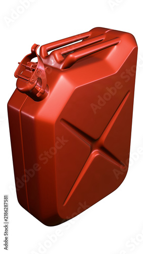 Glossy red metal jerrycan for fuel, gasoline, diesel, oil, kerosene, and other fuels and lubricants, shown on a transparent background. A jerrycan for cars, trucks, tractors, or other vehicles.