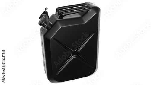 A glossy gray metal canister for fuel, gasoline, diesel, oil, kerosene, and other fuels and lubricants, shown on a transparent background. A canister for a car, truck, tractor, or other vehicle.