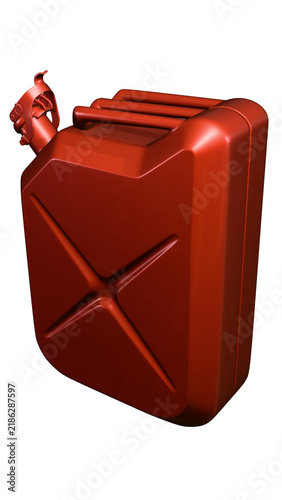Glossy red metal jerrycan for fuel, gasoline, diesel, oil, kerosene, and other fuels and lubricants, shown on a transparent background. A jerrycan for cars, trucks, tractors, or other vehicles.