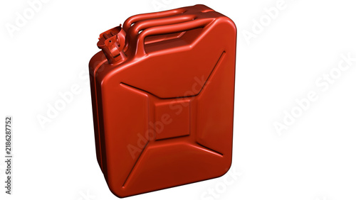 Glossy red metal jerrycan for fuel, gasoline, diesel, oil, kerosene, and other fuels and lubricants, shown on a transparent background. A jerrycan for cars, trucks, tractors, or other vehicles.