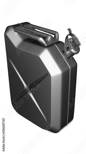 A glossy gray metal canister for fuel, gasoline, diesel, oil, kerosene, and other fuels and lubricants, shown on a transparent background. A canister for a car, truck, tractor, or other vehicle.