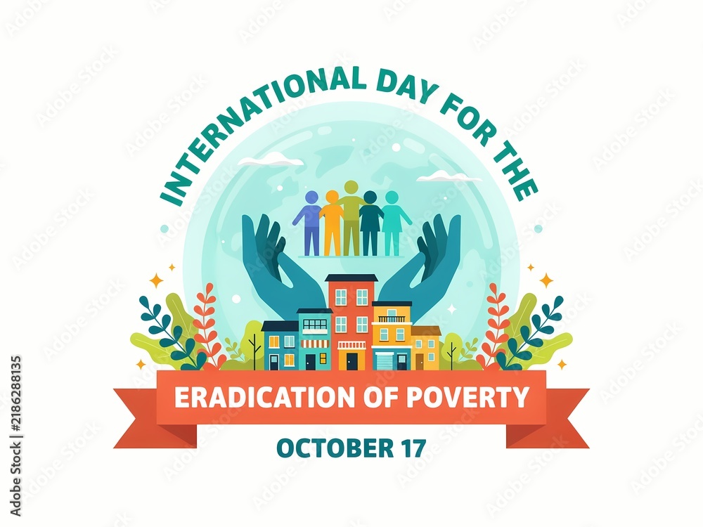 Obraz premium International day for the eradication of poverty design with human hands helping community and houses