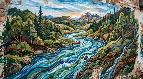 Vibrant Mountain River Landscape Mural Art on Brick Wall