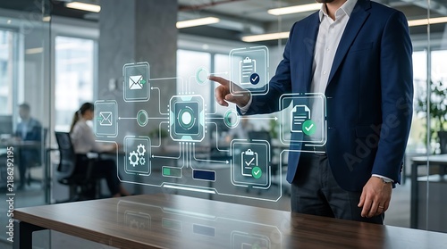 Fototapeta Corporate manager executes business process automation workflows using interactive light display.
