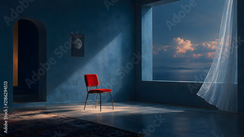 Lonely Red Chair in a Dreamy Blue Room