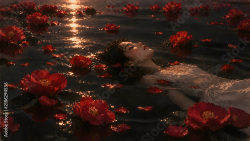 Woman Floating Among Red Flowers in Dark Water