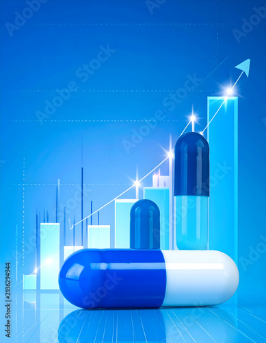 Blue and white capsules with a rising healthcare chart and heartbeat line, representing medicine, pharmaceutical research, healthcare growth, medical technology, and health industry analytics.