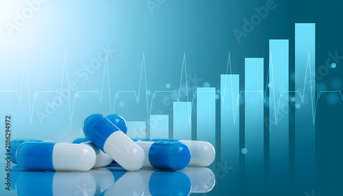 Blue and white capsules with a rising healthcare chart and heartbeat line, representing medicine, pharmaceutical research, healthcare growth, medical technology, and health industry analytics.