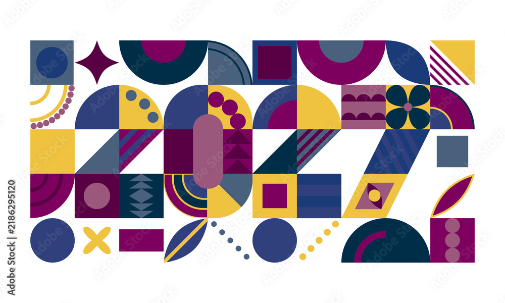 Fototapeta premium 2022 year typography made of colorful geometric shapes and patterns