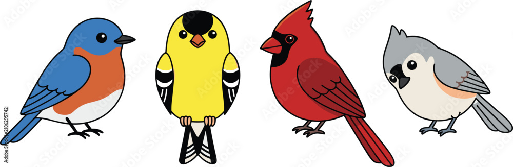 Fototapeta premium Cute North American Songbird Vector Cartoon Character Set Featuring Bluebird Goldfinch Northern Cardinal and Tufted Titmouse Illustrations for Wildlife and Nature Designs