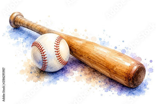 Baseball Bat and Ball, Watercolor Sports Illustration