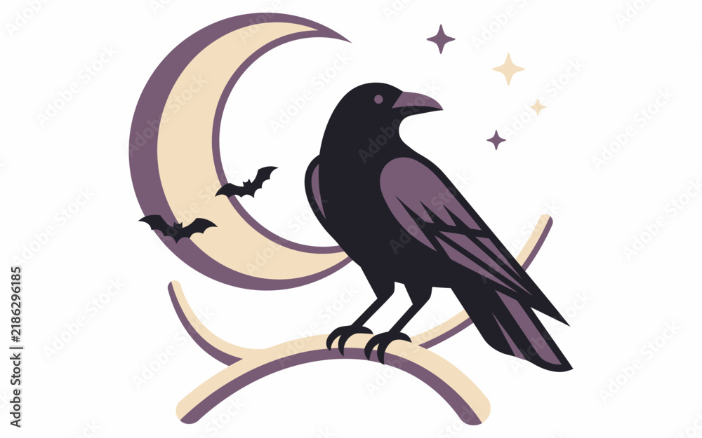 Fototapeta premium A spooky Halloween scene featuring a raven perched before a crescent moon and twinkling stars