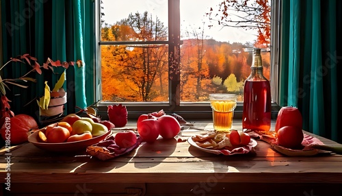 Autumn harvest still life with apples and cider by a window.