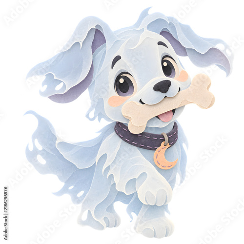Cute Ghost Dog with Bone: A charming and adorable cartoon ghost dog with big eyes and floppy ears playfully holds a bone in its mouth, ready for a fun-filled adventure. Its translucent.