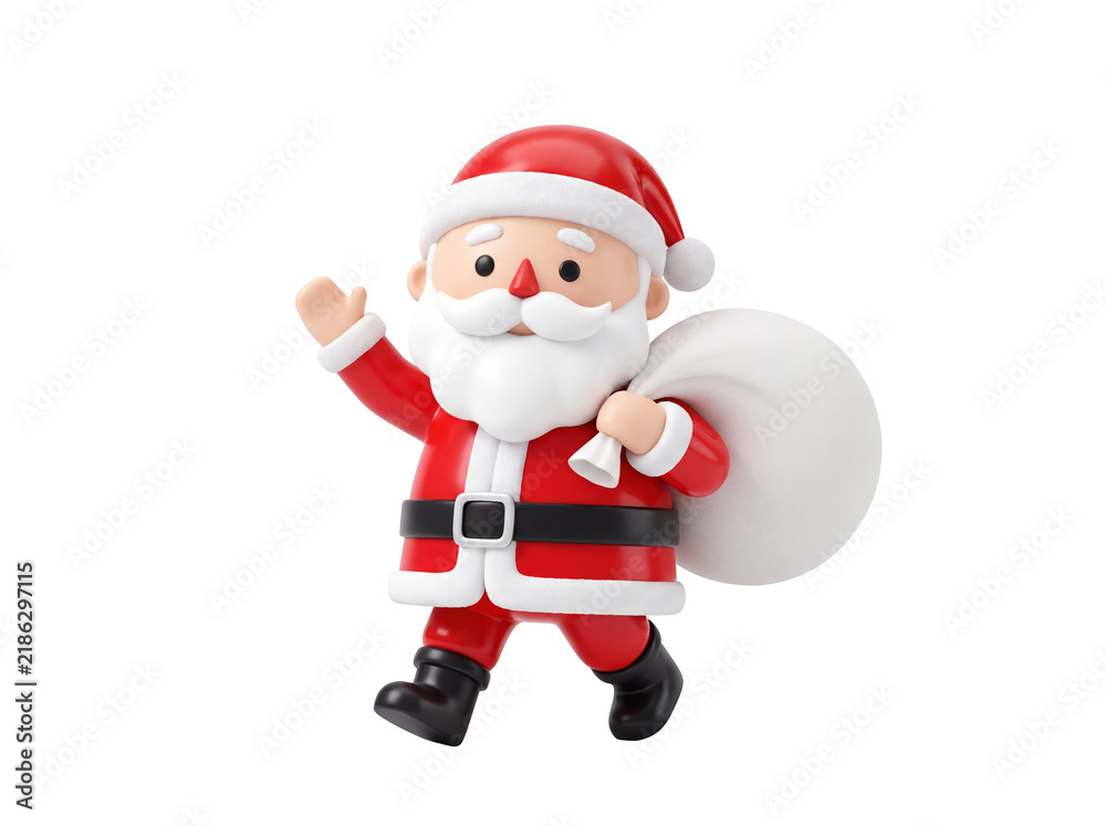 Fototapeta premium 3d cartoon santa claus waving and carrying a gift bag with suit hat on transparent background