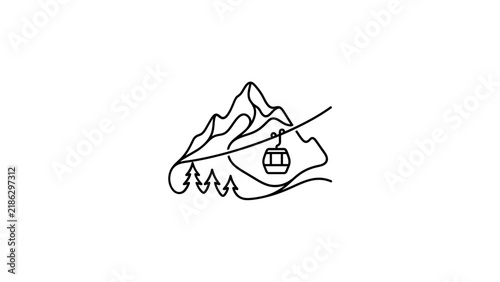 Minimalist mountain peak icon with cable car lift line art.