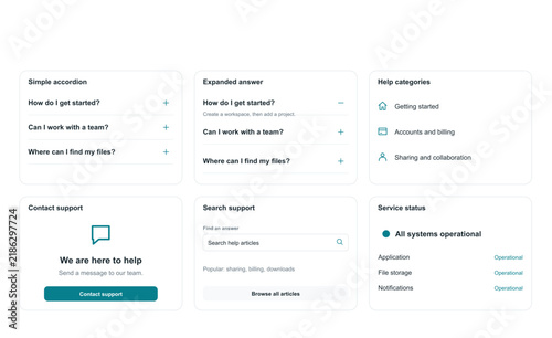 FAQ accordion layouts with search categories and contact prompts