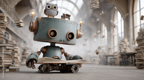 Tapety artystyczne Wise Librarian Robot Reading Holographic Books in Grand Vaulted Library