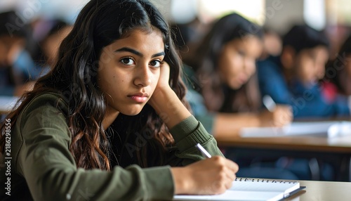 Thoughtful teenage student looking at camera during class in school
