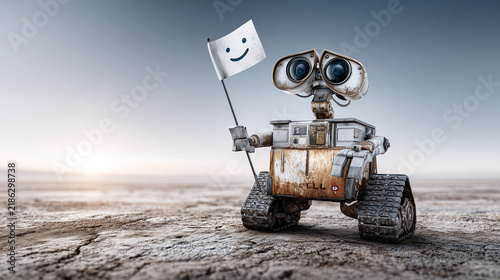 Tapety artystyczne Lone Robot Rover Planting Flag Beneath Pale Blue Dot in Alien Desert