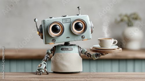 Tapety artystyczne Friendly Robot Barista Serving Warm Coffee in Cozy Café Ambiance