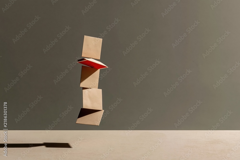 Obraz premium Agentic ai workflow represented by a column of floating khaki cards over a grey surface, minimalist and sharp for tech platforms with copy space