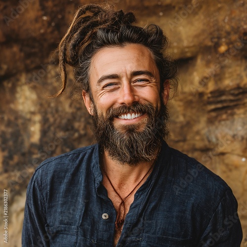 Healthy man with a beard smiling joyfully in a natural earthy environment surrounded by nature