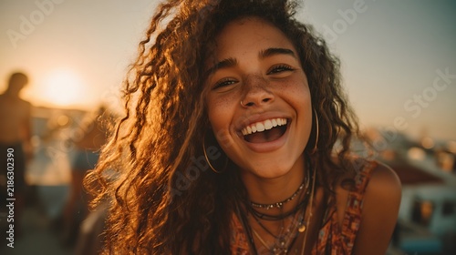 Joyful teenager with long hair laughing on a rooftop at golden hour, embracing the sunset vibes