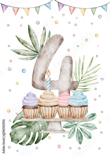Number four decorated with watercolor birthday cupcake, candles, confetti, flag garland and tropic leaves. Monthly 4 milestone card illustration isolated on transparent background for birthday design.