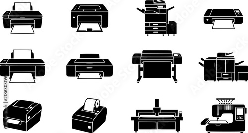 Printer and Printing Machine Silhouette Icon Set with Office, Laser, Inkjet, Thermal and Large Format Devices
