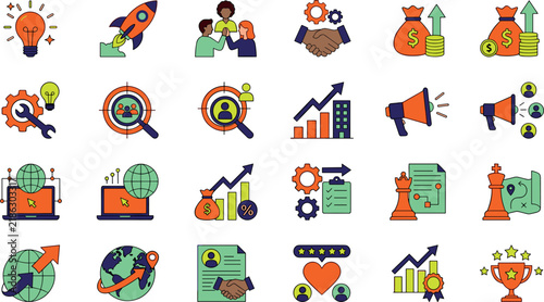 Comprehensive Venture Capital Startup Accelerator and Business Growth Metrics Flat Graphic Icon Set Featuring Project Roadmaps, Audience Targets, and Corporate Achievements