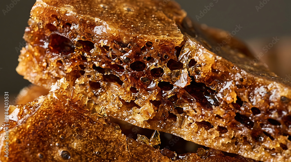 Fototapeta premium Honeycomb candy texture macro closeup, sweet brittle caramel sugar snack