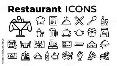 Restaurant Icons Collection: A comprehensive set of line-art icons representing various elements of the restaurant industry, from dining settings and food to service and payment.