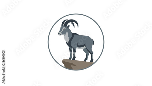 Mountain goat silhouette on rock in circular frame.