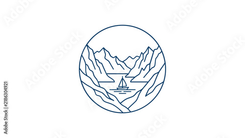 Mountain lake sailboat line art.