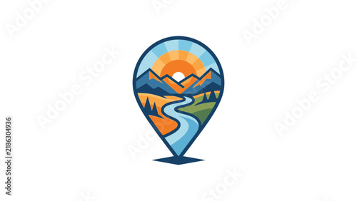 Mountain landscape and river inside a location pin icon.