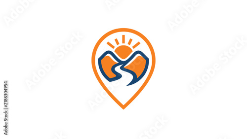 Mountain landscape inside a location pin icon.